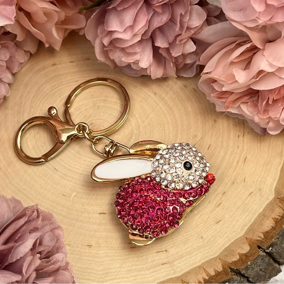Hot Pink and Silver Crystal Bunny Rabbit Keychain Charm - Picture 7 of 14